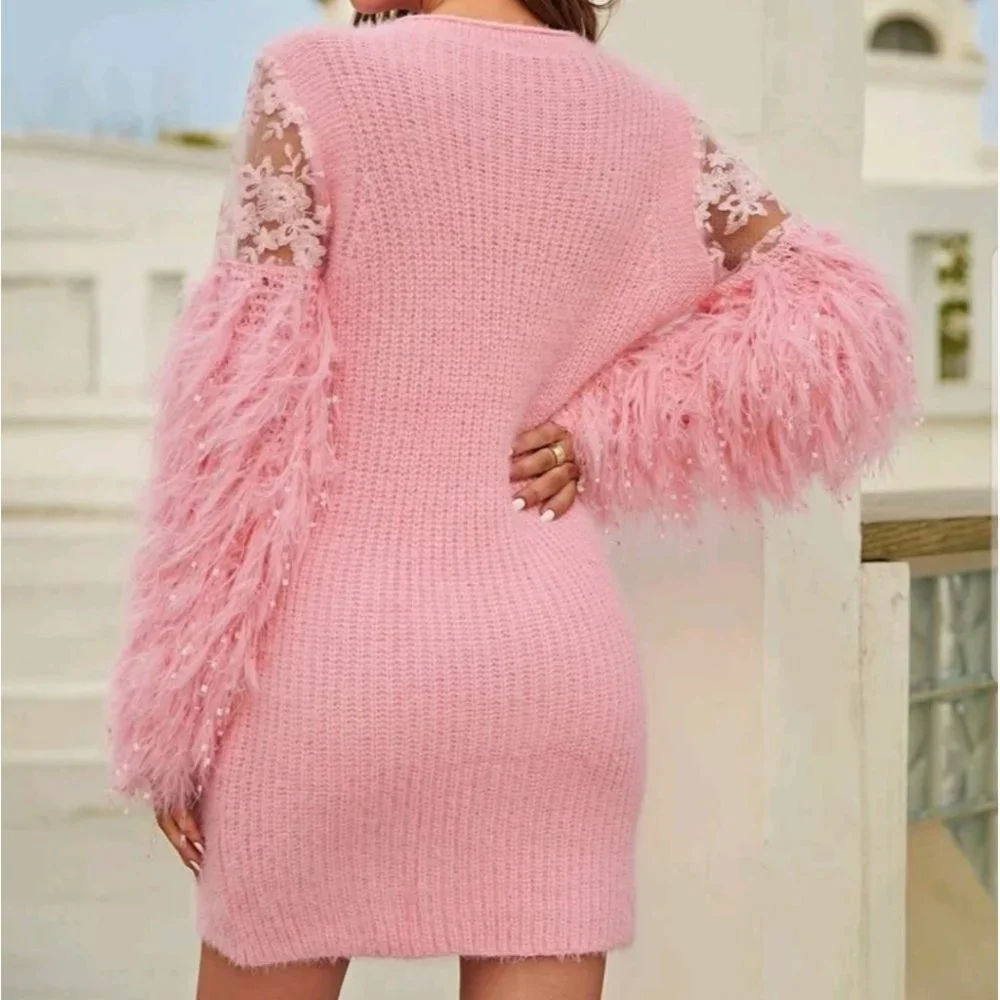 Pink Fringe Sweater Dress - Picture 3 of 6